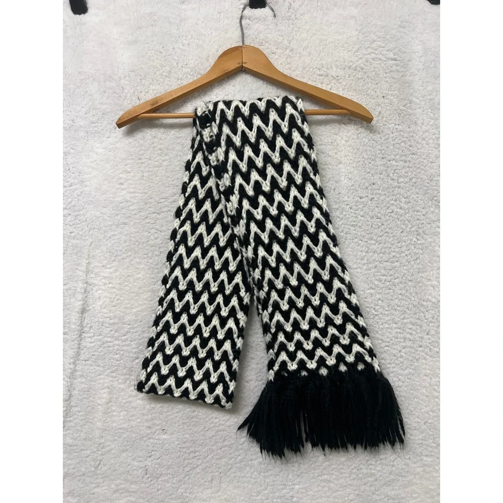 Black White Chevron Zigzag Knit Scarf‎ Fringe Boho Winter Warm Accessory